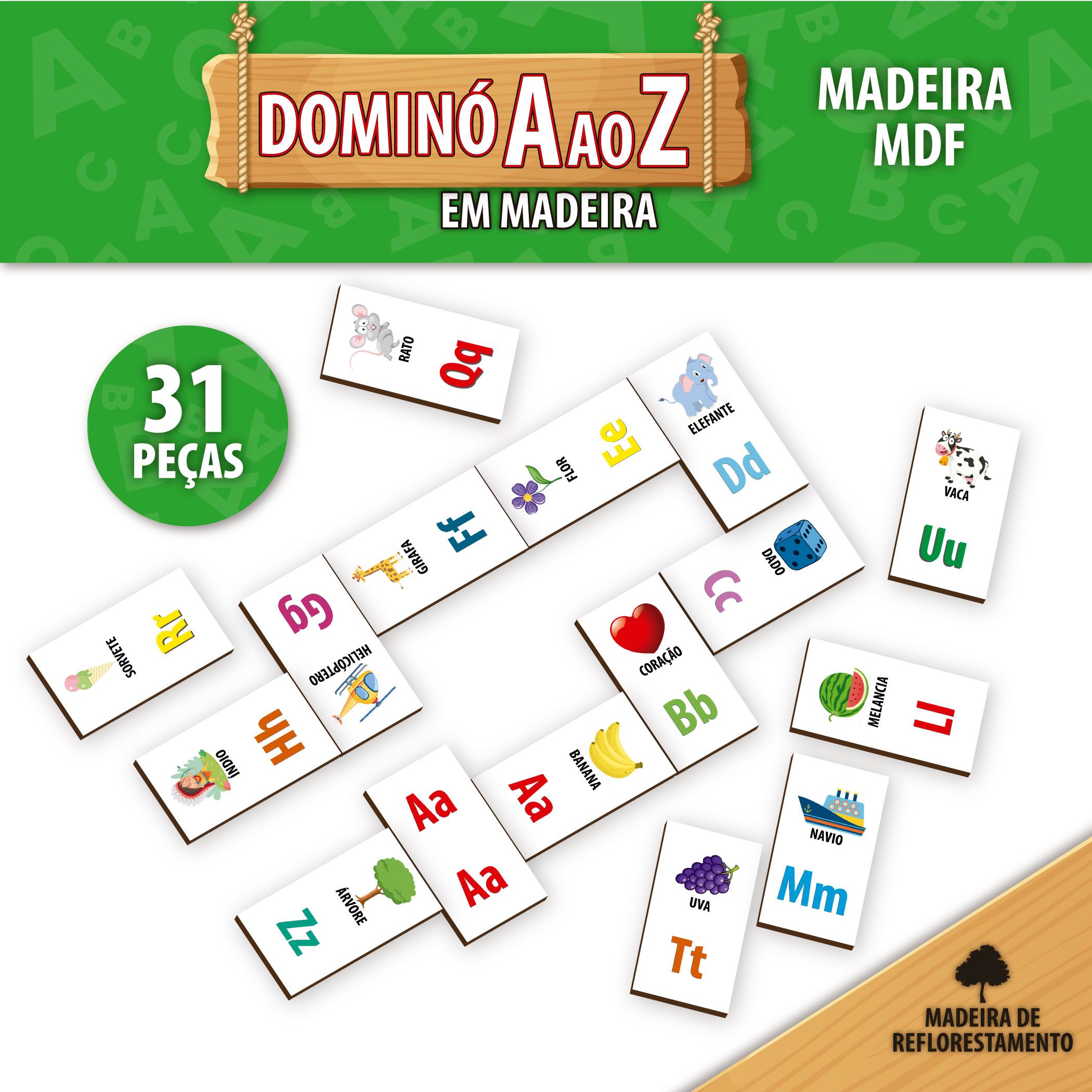 Jogo Educativo Dominó A ao Z 31 Peças Madeira Pais e Filhos – DreamToys